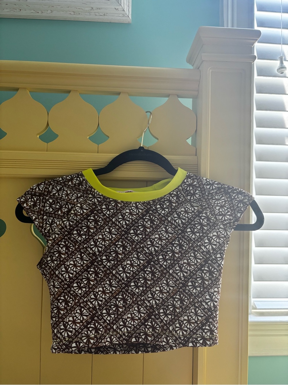 Free People Brown & White Patterned Swim Bikini Top with Neon Yellow Trim
